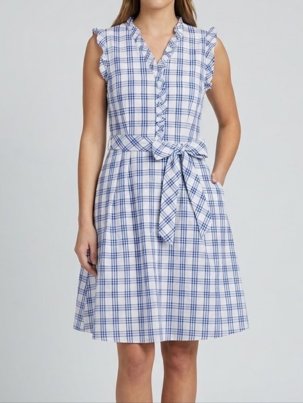 Be by CHETTA B Blue & White Plaid Ruffle Sleeveless Tie-Waist Dress - Size 8